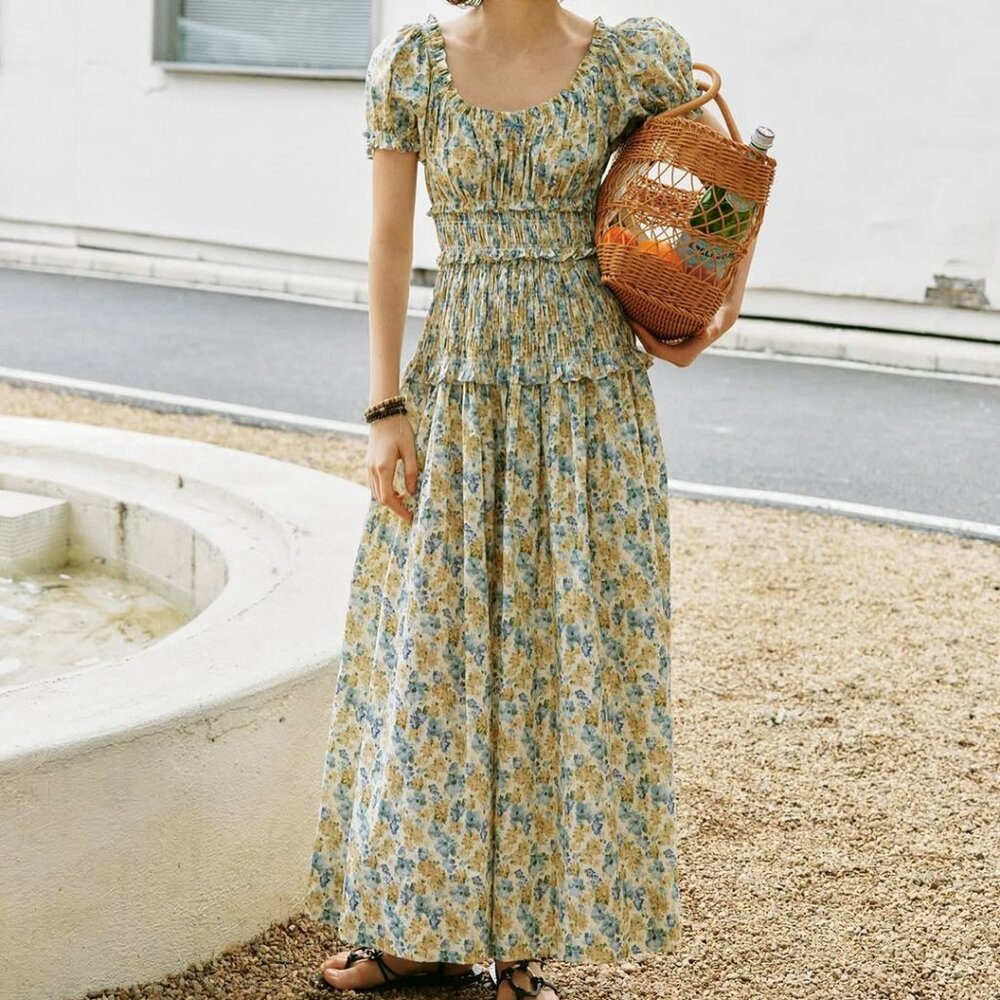 DÔEN Leanne shirred floral-print cotton-voile midi dress